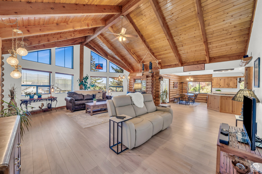 Living room with light hardwood / wood-style floors, a healthy amount of sunlight, wood ceiling, high vaulted ceiling, and beamed ceiling