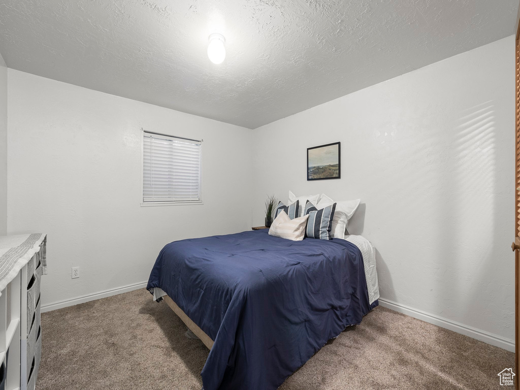 Carpeted bedroom with a textured ceiling