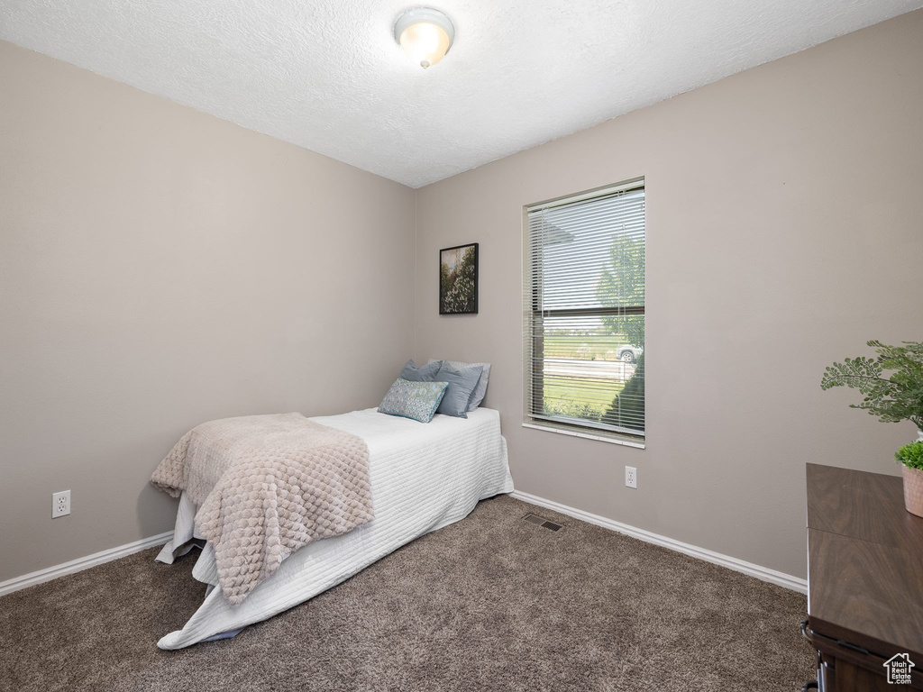 Carpeted bedroom featuring a textured ceiling