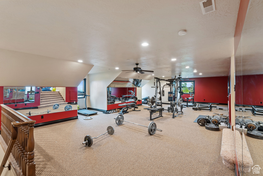 Workout room featuring carpet flooring and ceiling fan