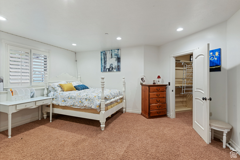 Carpeted bedroom with a spacious closet