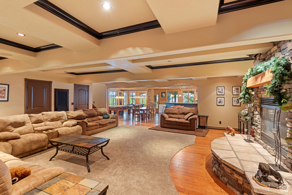 Living room featuring ornamental molding, a fireplace, and wood-type flooring