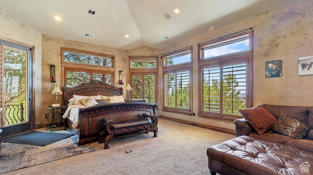 Bedroom featuring high vaulted ceiling, access to exterior, and carpet floors