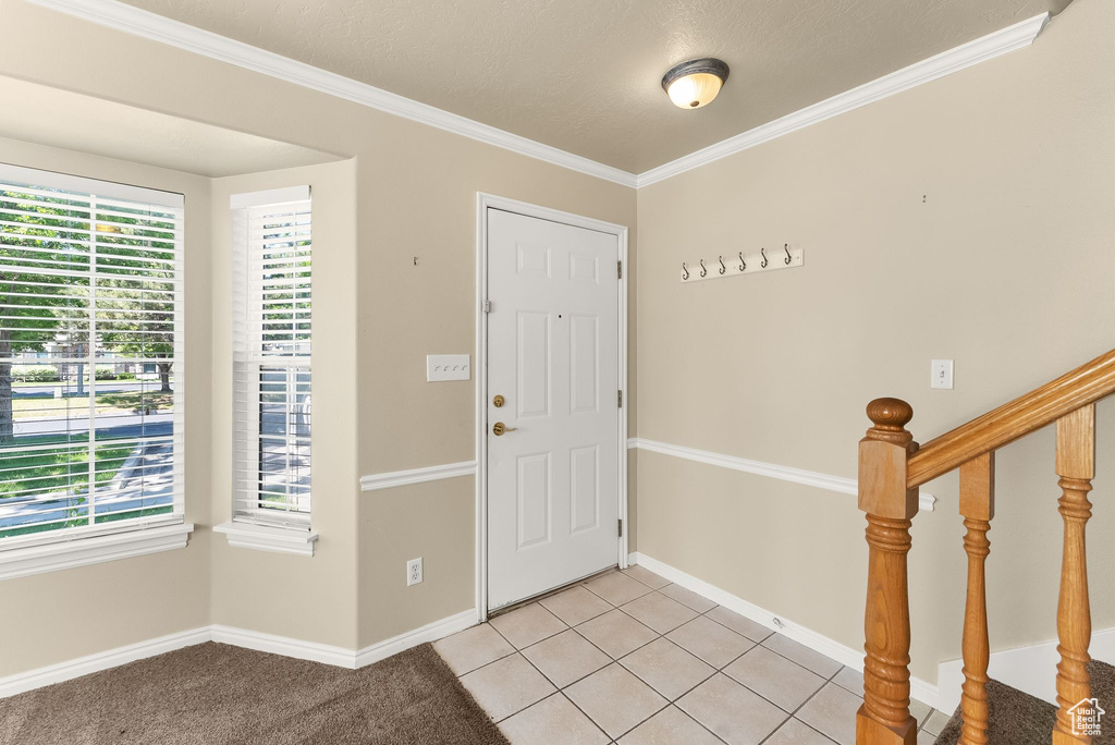 Entrance foyer with light colored carpet and crown molding