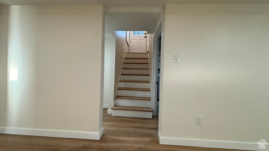 Stairway with hardwood / wood-style flooring