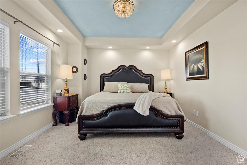 Bedroom with a tray ceiling and carpet flooring