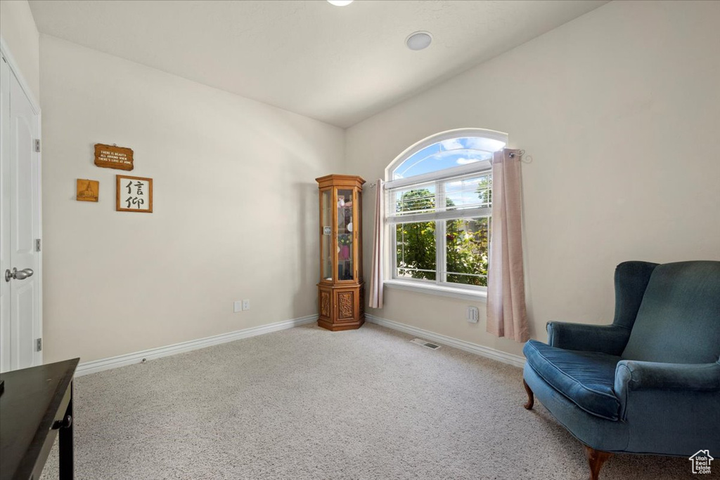 Living area featuring carpet floors and lofted ceiling