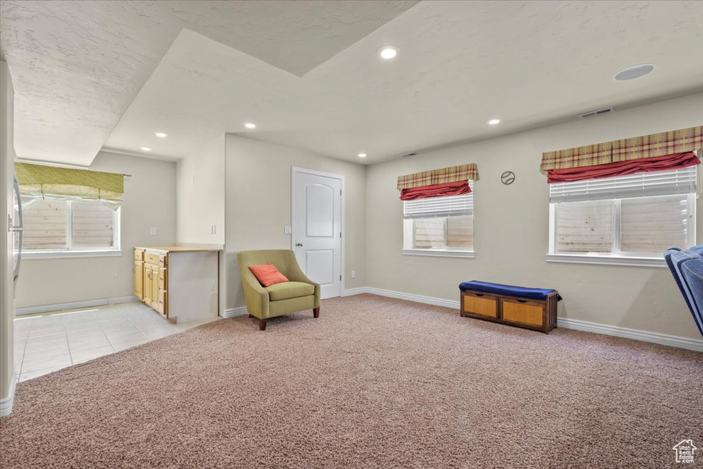 Living area with light colored carpet and plenty of natural light