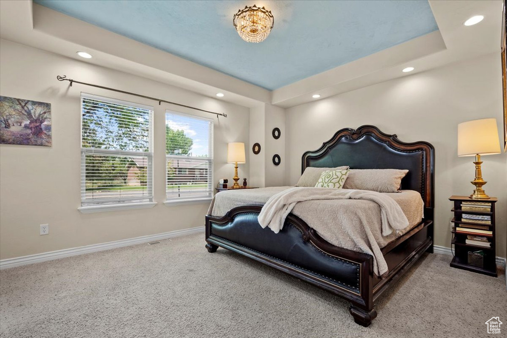 Carpeted bedroom featuring a tray ceiling