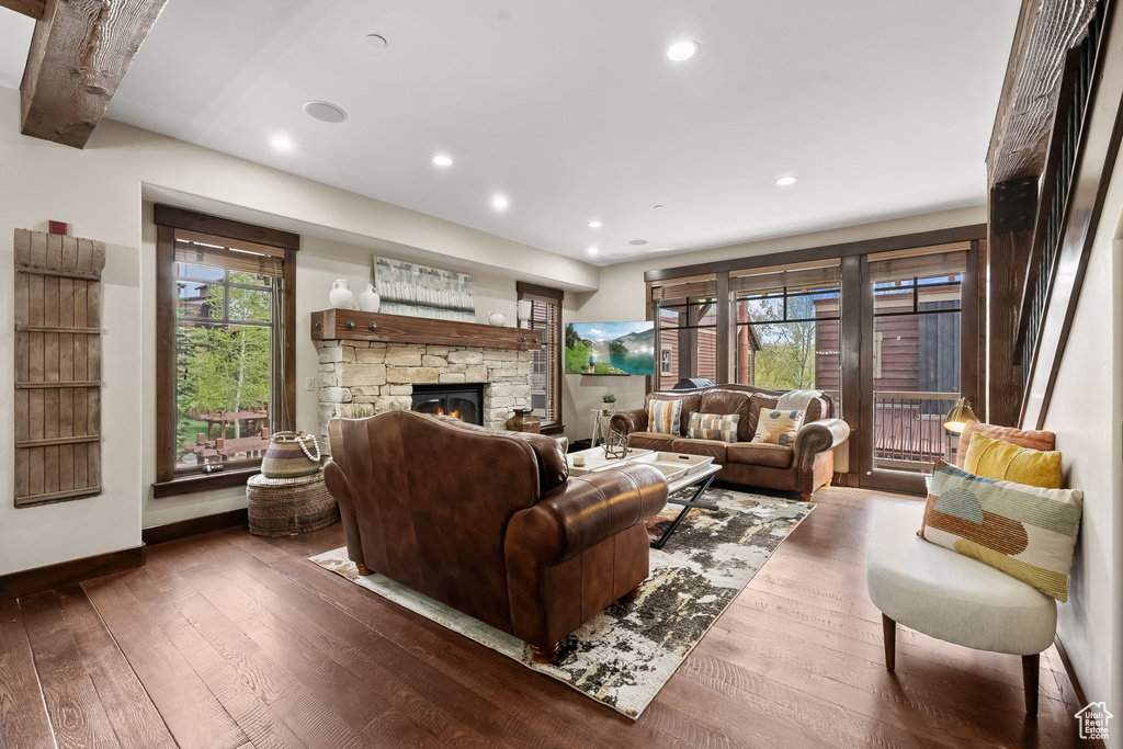 Living room featuring a stone fireplace and dark wood-type flooring