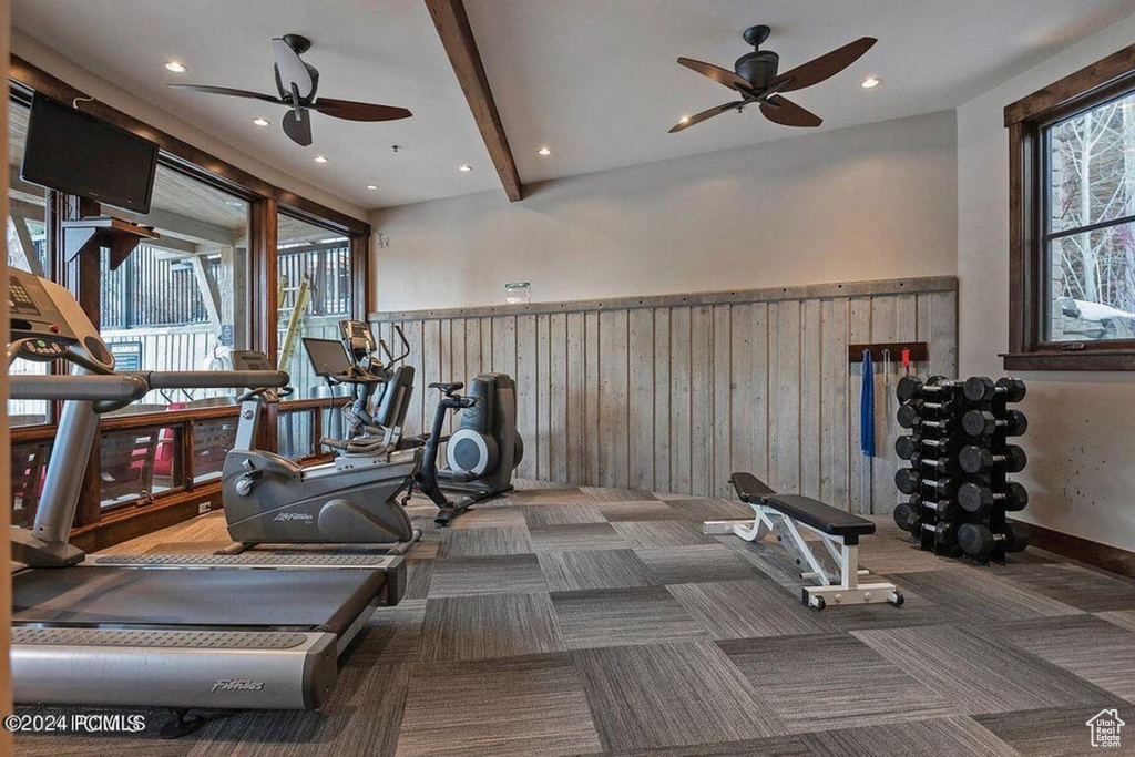 Workout area featuring ceiling fan and carpet floors