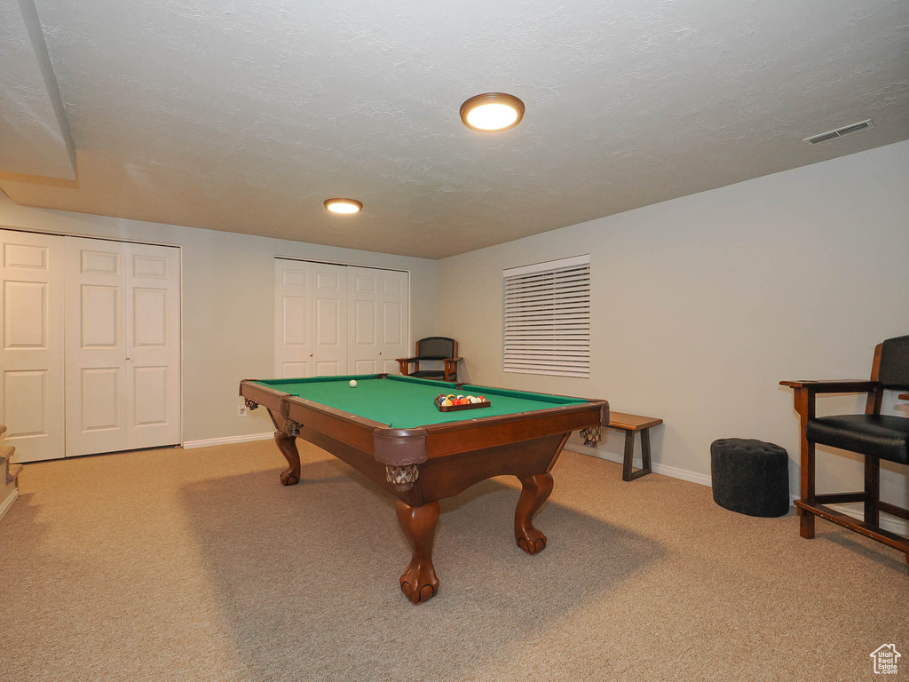 Rec room featuring carpet and pool table