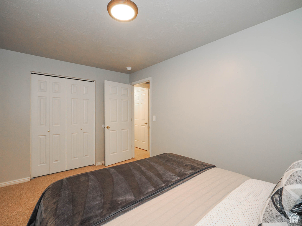 Carpeted bedroom featuring a closet