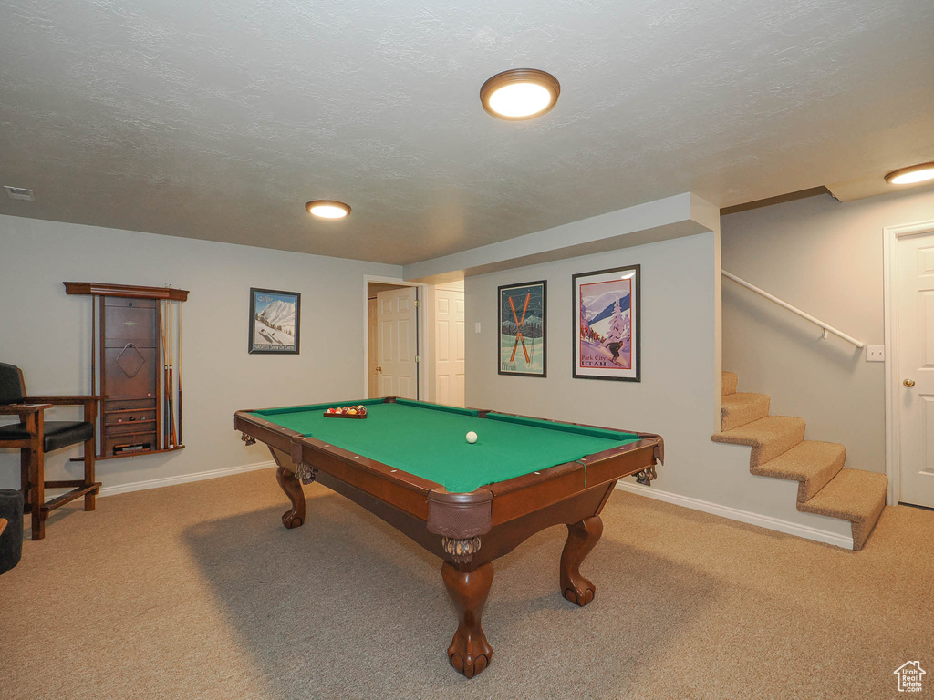 Rec room featuring billiards and carpet flooring