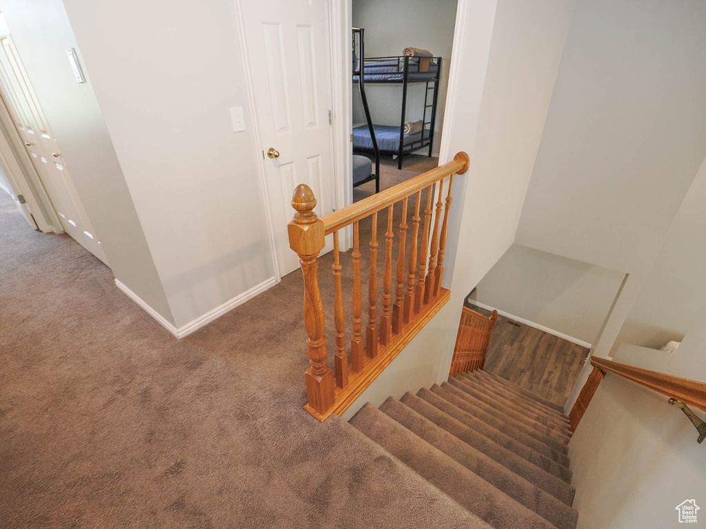 Staircase featuring dark carpet