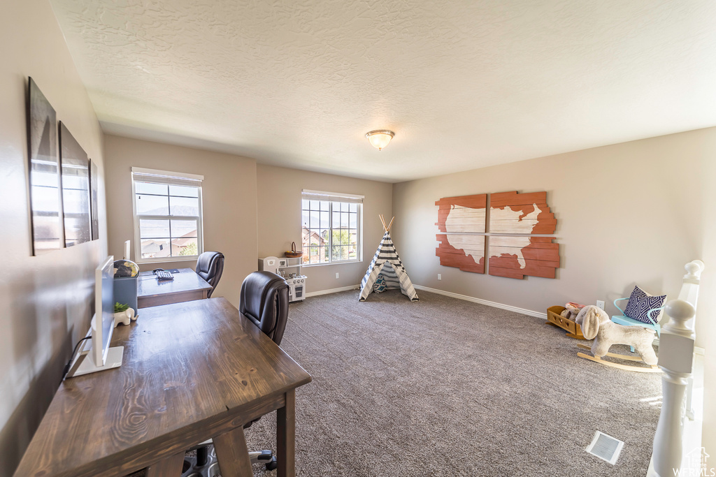 Carpeted office featuring a textured ceiling