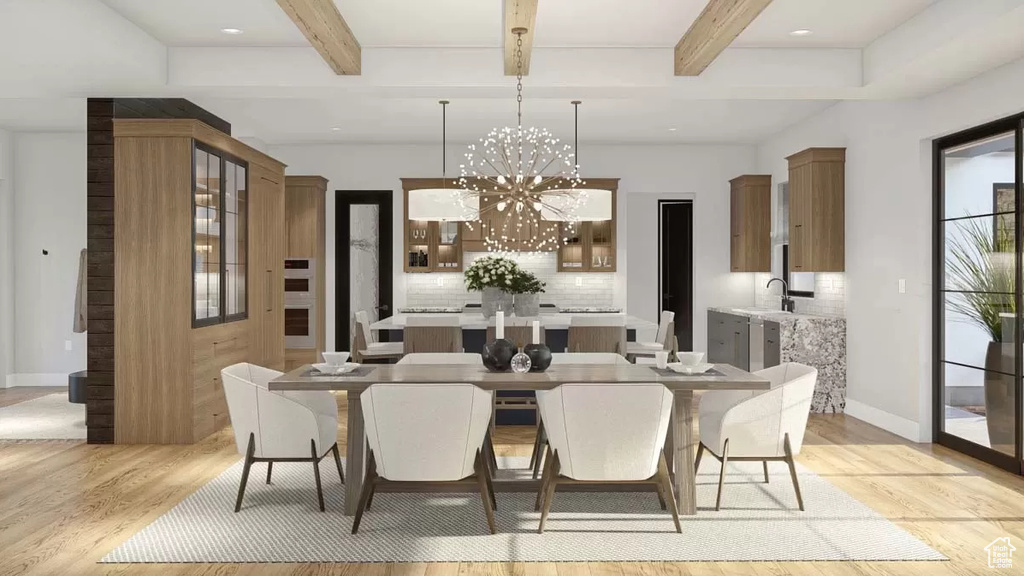 Dining room featuring sink, light hardwood / wood-style flooring, beam ceiling, and a chandelier