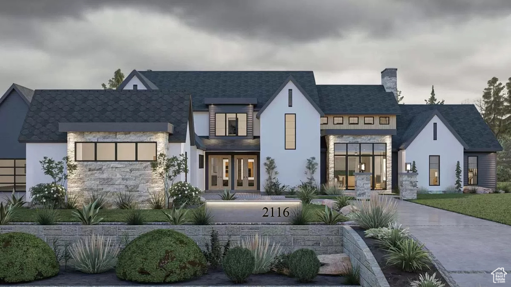 View of front facade featuring french doors