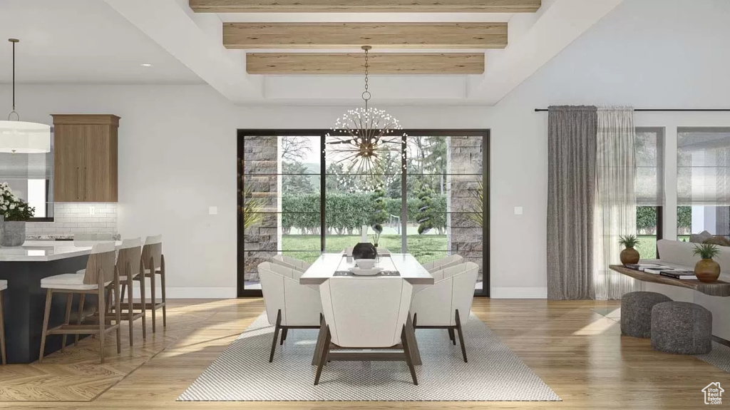 Dining room with beamed ceiling, a notable chandelier, and wood-type flooring