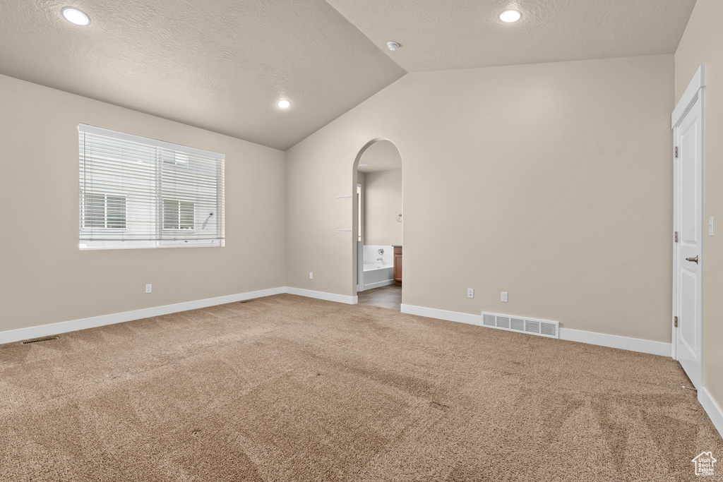 Carpeted empty room featuring a textured ceiling and lofted ceiling