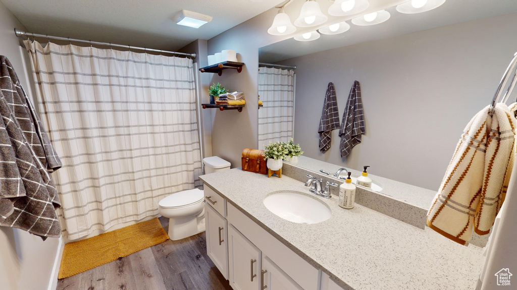 Bathroom with vanity with extensive cabinet space, toilet, and hardwood / wood-style floors