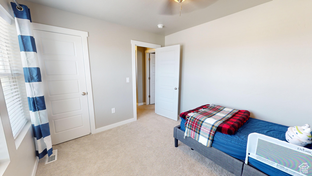 Carpeted bedroom with ceiling fan and multiple windows