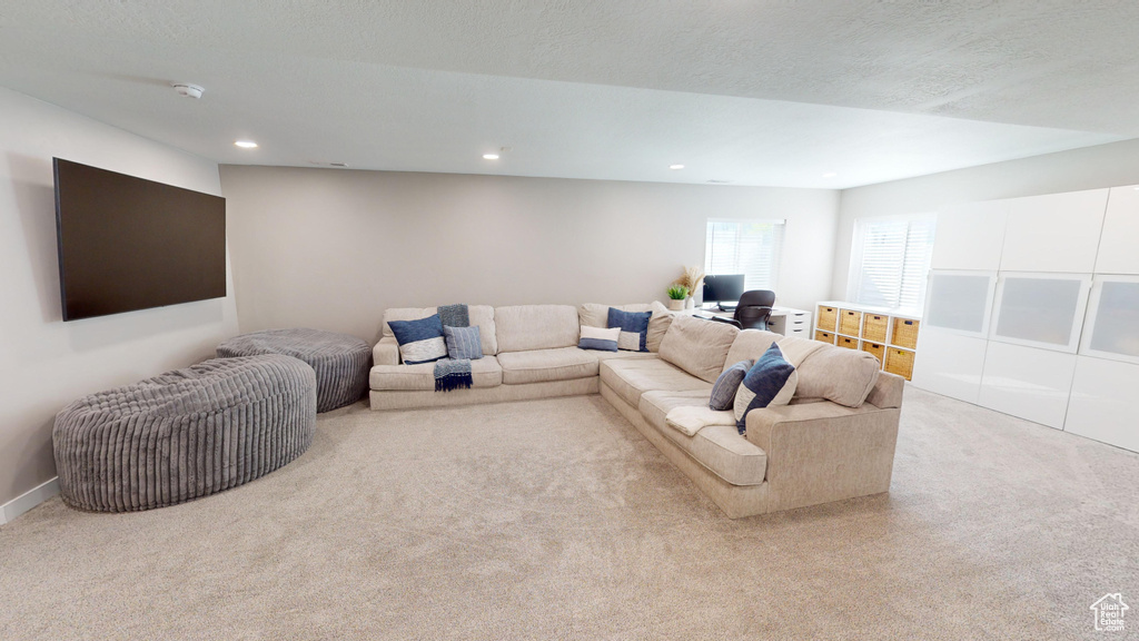 Living room with light colored carpet