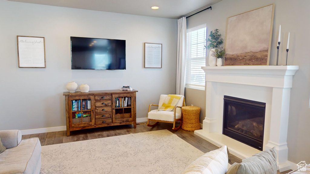 Living room with dark wood-type flooring