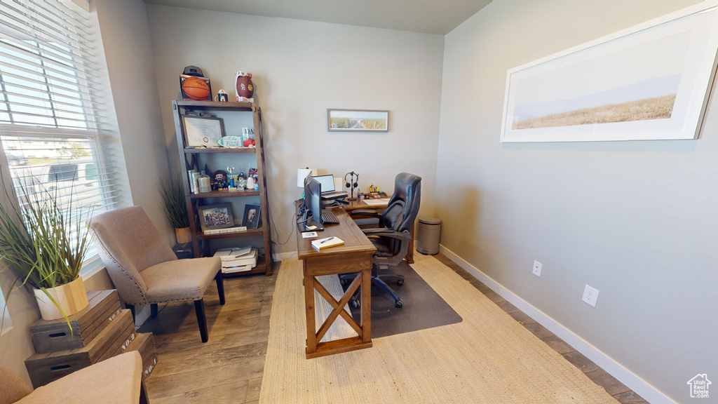 Office with a wealth of natural light and hardwood / wood-style flooring