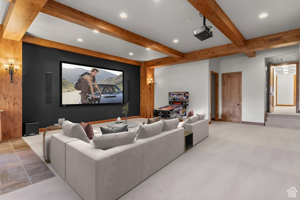 Tiled home theater with beamed ceiling