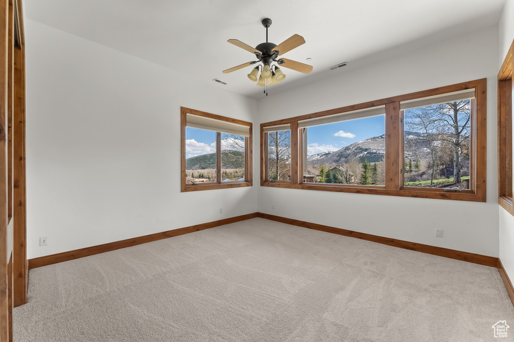 Carpeted spare room featuring plenty of natural light and ceiling fan