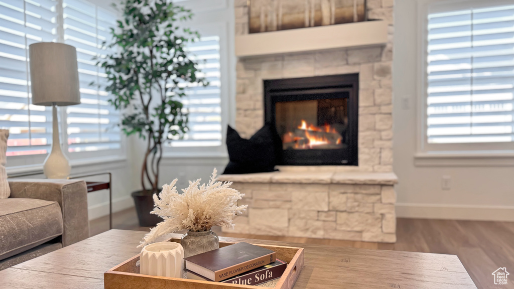 Living room featuring hardwood / wood-style floors and a fireplace