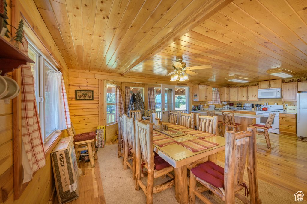 Dining space featuring wooden ceiling, light wood-type flooring, wood walls, and ceiling fan