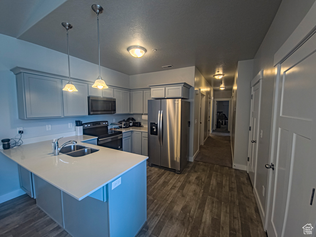 Kitchen with kitchen peninsula, stainless steel appliances, pendant lighting, dark hardwood / wood-style flooring, and sink