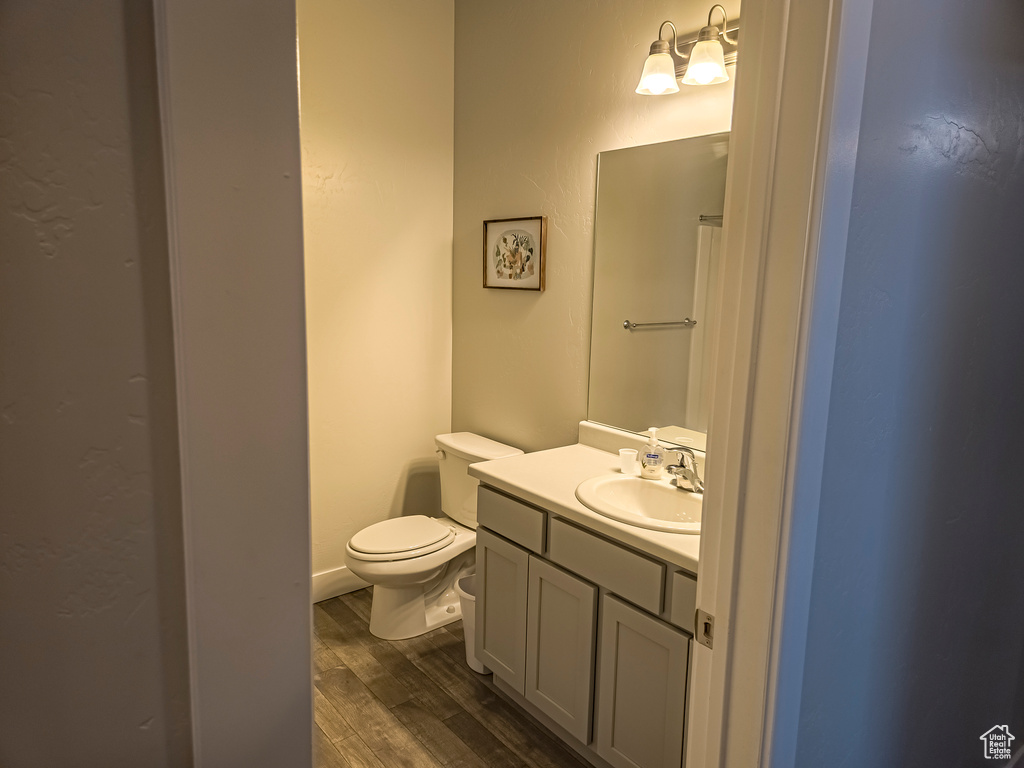 Bathroom featuring vanity, toilet, and hardwood / wood-style floors