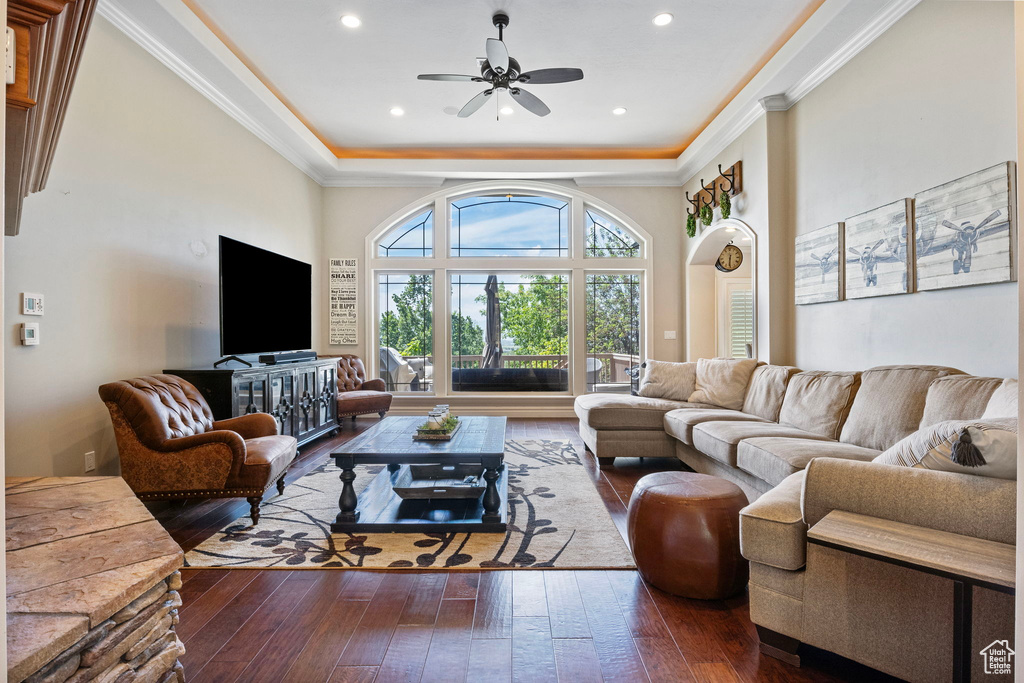 Living room with a raised ceiling, ceiling fan, crown molding, and wood-type flooring