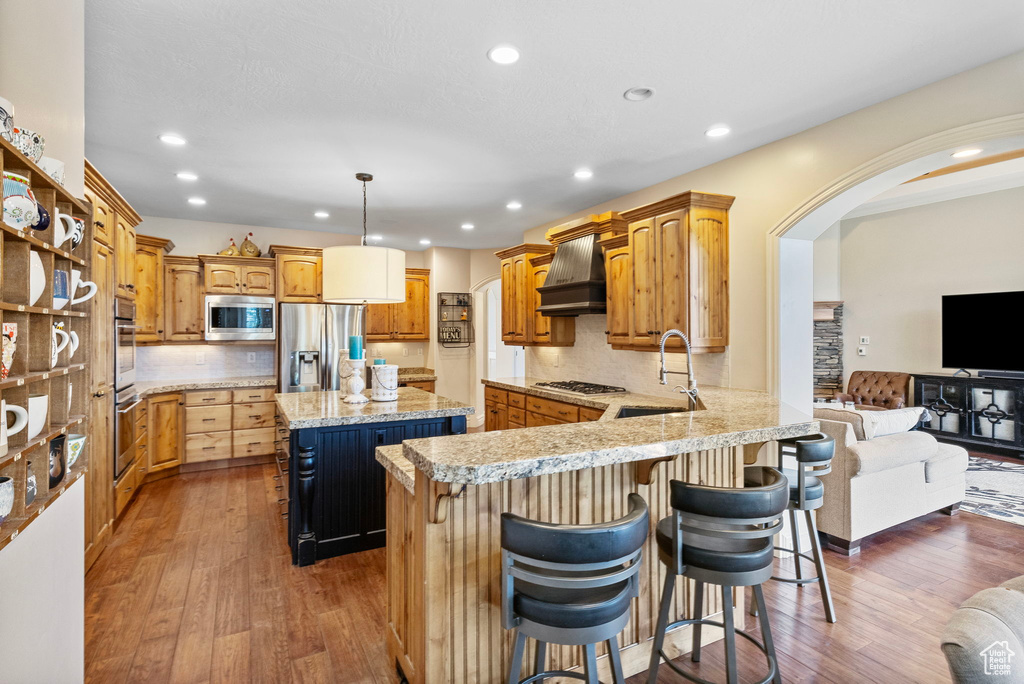 Kitchen featuring a kitchen island, stainless steel appliances, dark hardwood / wood-style floors, tasteful backsplash, and custom exhaust hood