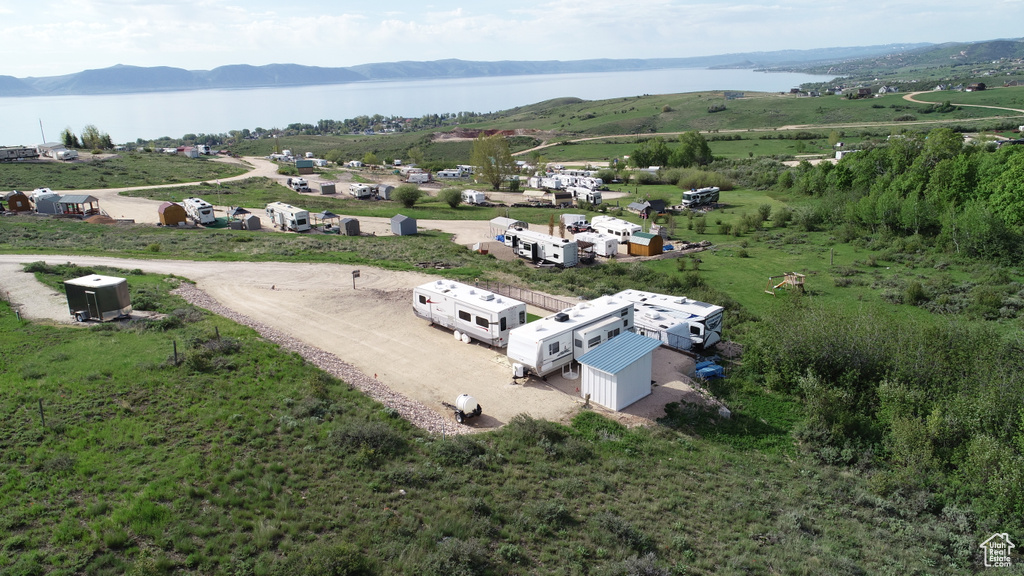 Aerial view with a water and mountain view