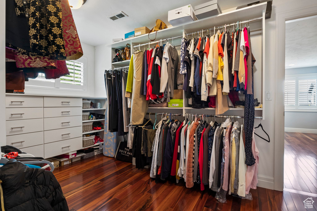 Walk in closet featuring dark wood-type flooring