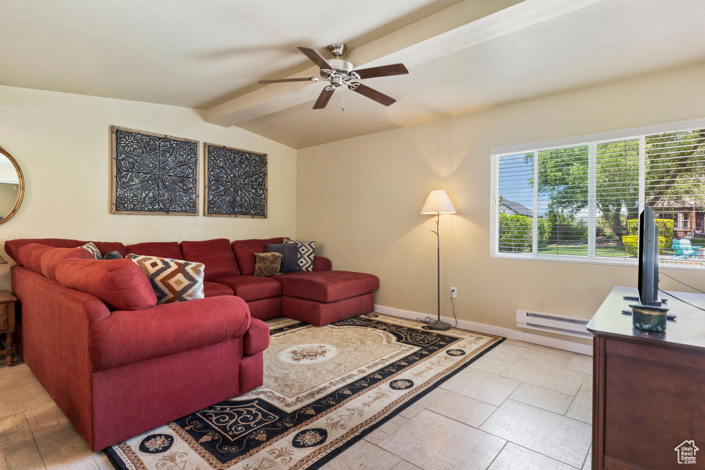 Living room with ceiling fan, lofted ceiling with beams, a baseboard radiator, and light tile flooring