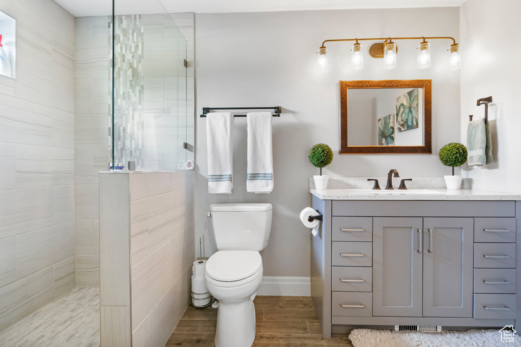 Bathroom with vanity with extensive cabinet space, a shower with shower door, hardwood / wood-style flooring, and toilet