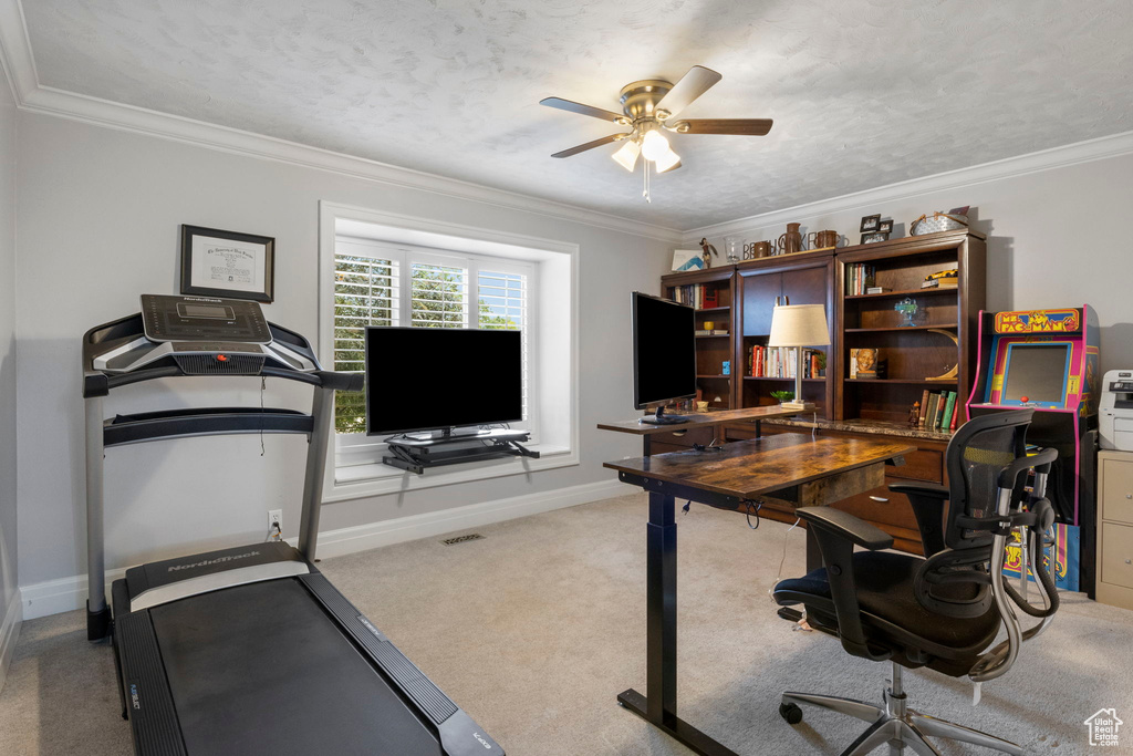 Carpeted office featuring a textured ceiling, ornamental molding, and ceiling fan