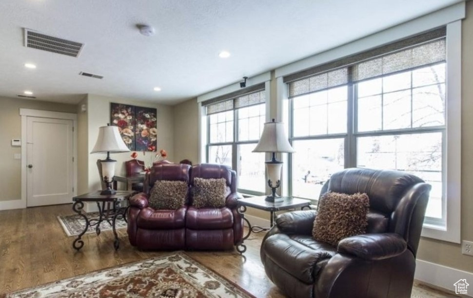 Living room with wood-type flooring and plenty of natural light