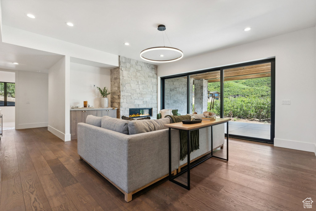 Living room with dark hardwood / wood-style floors and a stone fireplace