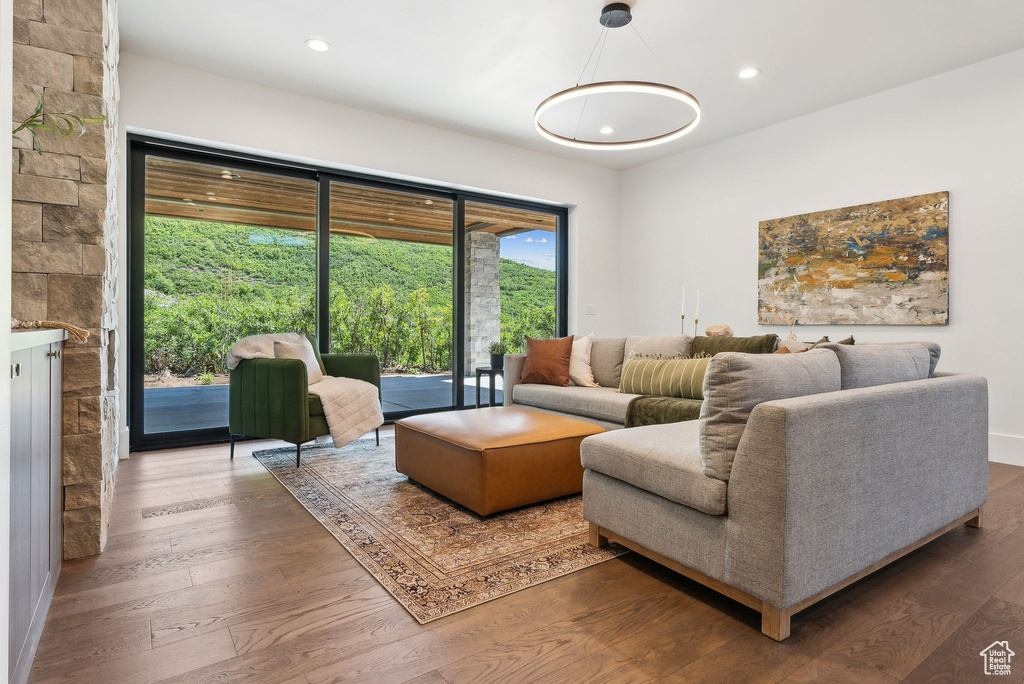 Living room with wood-type flooring