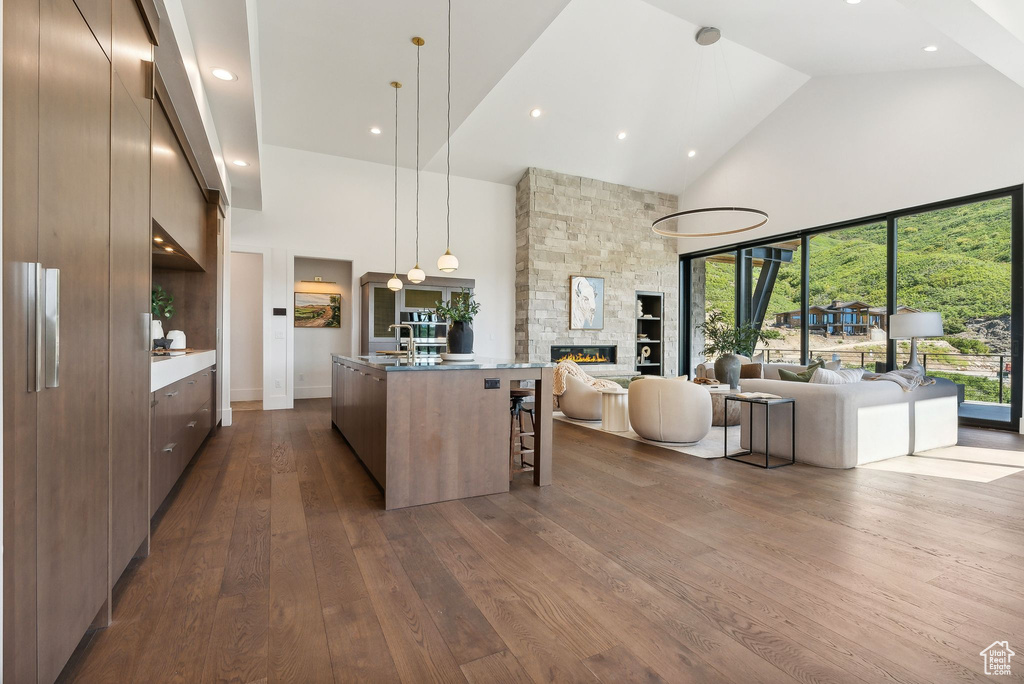 Kitchen featuring a center island with sink, dark wood-type flooring, high vaulted ceiling, and a fireplace