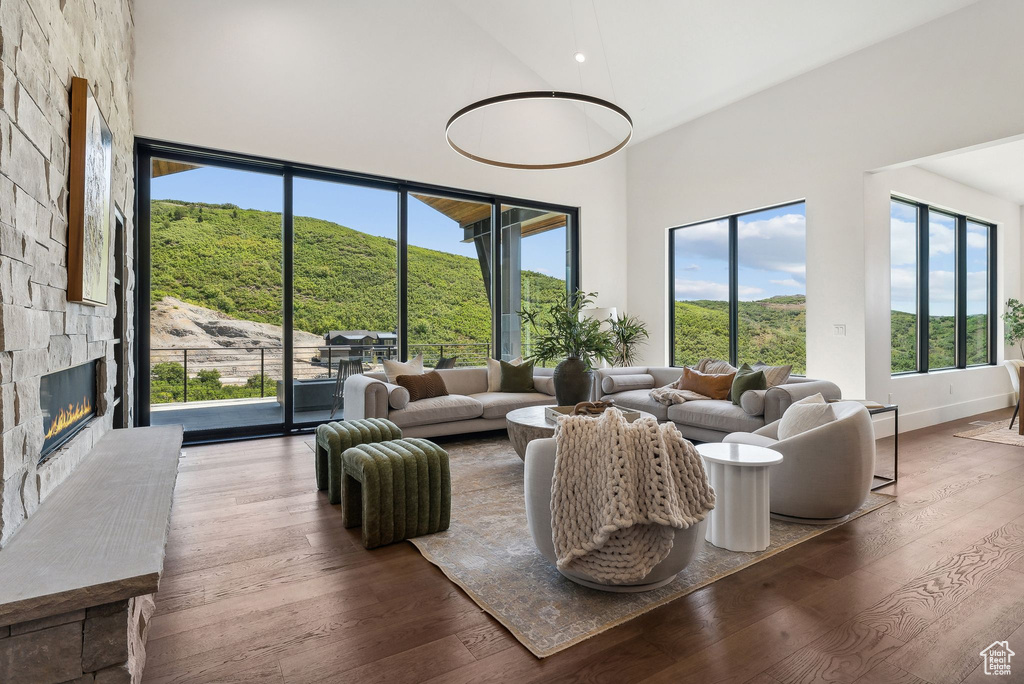 Living room featuring hardwood / wood-style flooring, plenty of natural light, a mountain view, and a stone fireplace