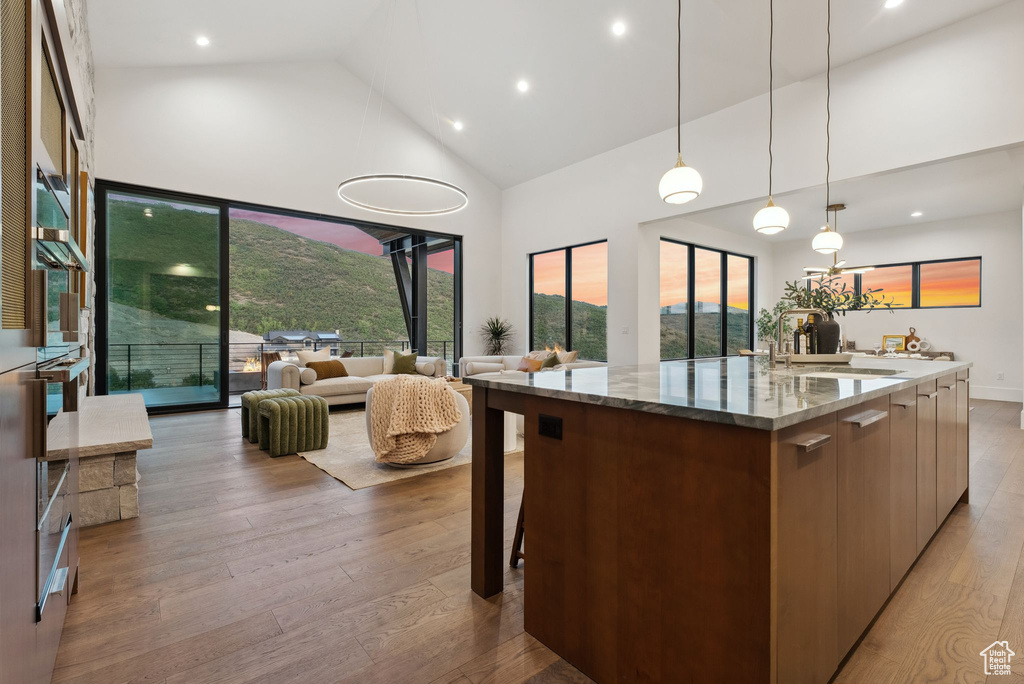 Kitchen featuring light wood-type flooring, high vaulted ceiling, a mountain view, sink, and a large island