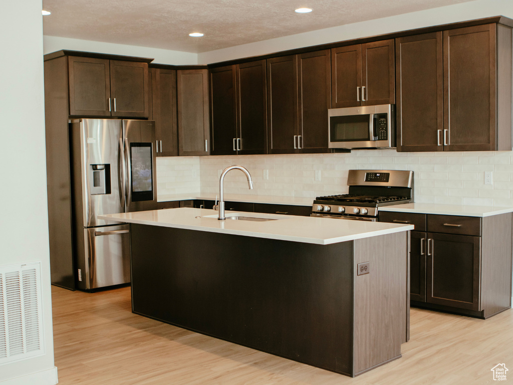 Kitchen with appliances with stainless steel finishes, light hardwood / wood-style floors, a kitchen island with sink, and tasteful backsplash