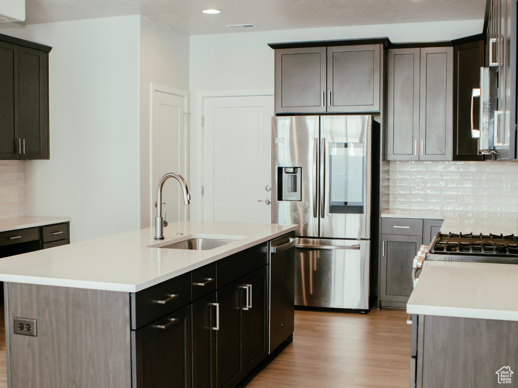 Kitchen with backsplash, stainless steel appliances, an island with sink, light wood-type flooring, and sink